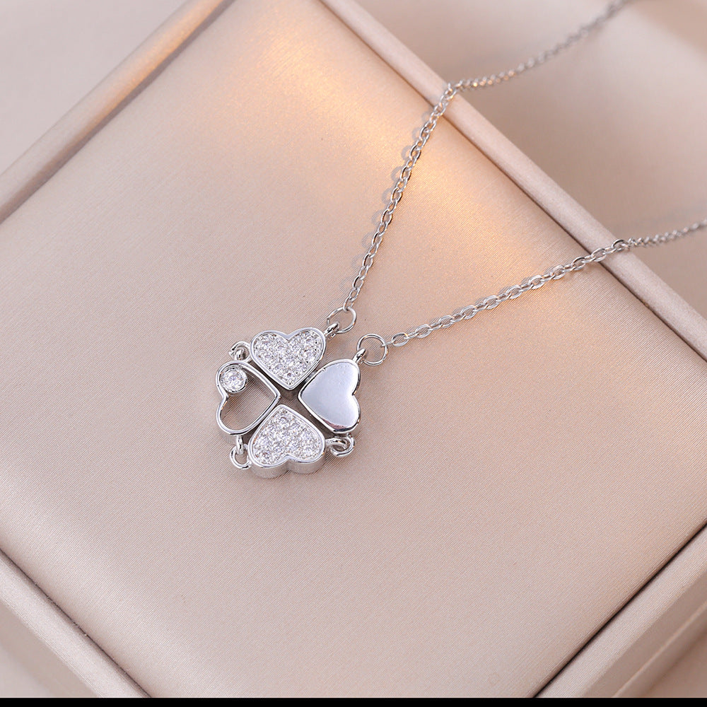 Wholesale heart to heart open and close four leaf flower fashion necklace